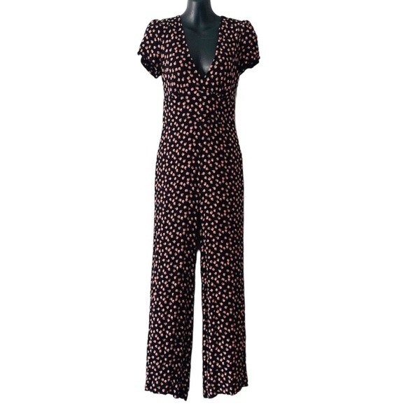 Free People Jumpsuit S 2 Floral Black Wide Leg Preppy Boho Cottagecore Coquette - Picture 2 of 12